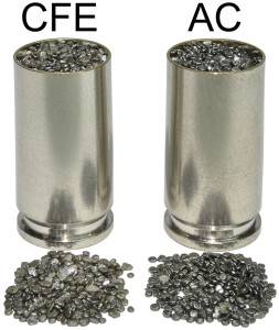 CFE Pistol (CFE) and AutoComp (AC) look very similar and have a similar densities. Each 9mm Luger case has an equal weight of gunpowder. These are not charge weights used in this test, and are only used to illustrate the similar density of the two powders.